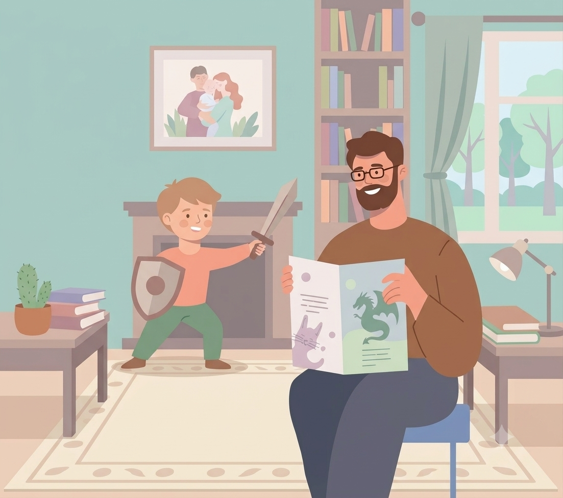 A father reads a personalized storybook while his child confidently pretends to be a brave knight with a toy sword and shield, illustrating how storytelling builds confidence and imagination in children.