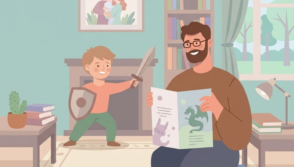 A father reads a personalized storybook while his child confidently pretends to be a brave knight with a toy sword and shield, illustrating how storytelling builds confidence and imagination in children.