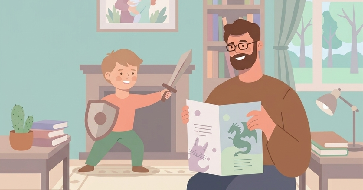 A father reads a personalized storybook while his child confidently pretends to be a brave knight with a toy sword and shield, illustrating how storytelling builds confidence and imagination in children.