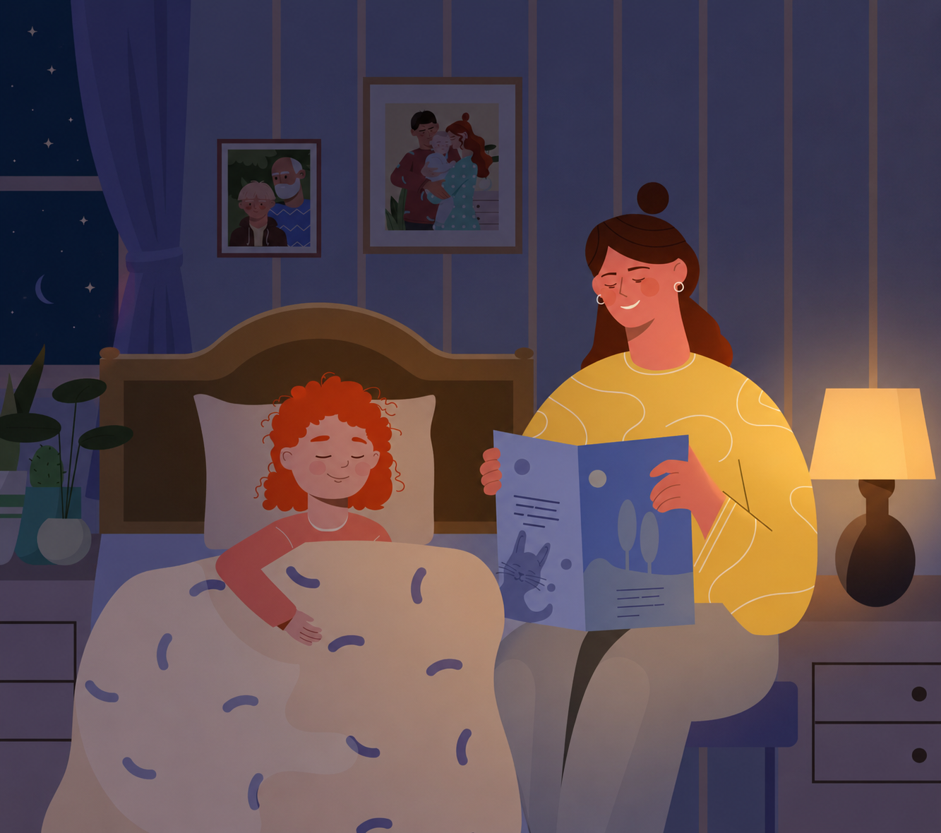 A gentle, classic children's book illustration of a mother and her young daughter reading a story together in bed, illuminated by a warm and cozy nightlight.