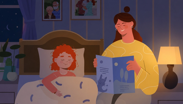 A gentle, classic children's book illustration of a mother and her young daughter reading a story together in bed, illuminated by a warm and cozy nightlight.