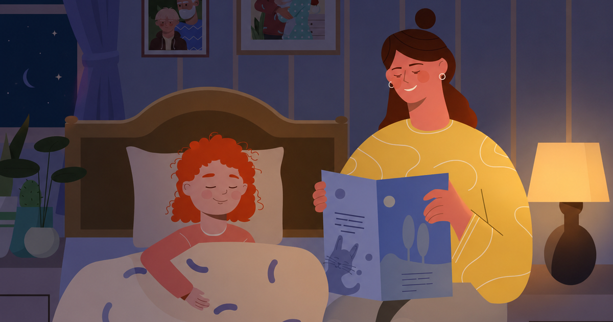 A gentle, classic children's book illustration of a mother and her young daughter reading a story together in bed, illuminated by a warm and cozy nightlight.