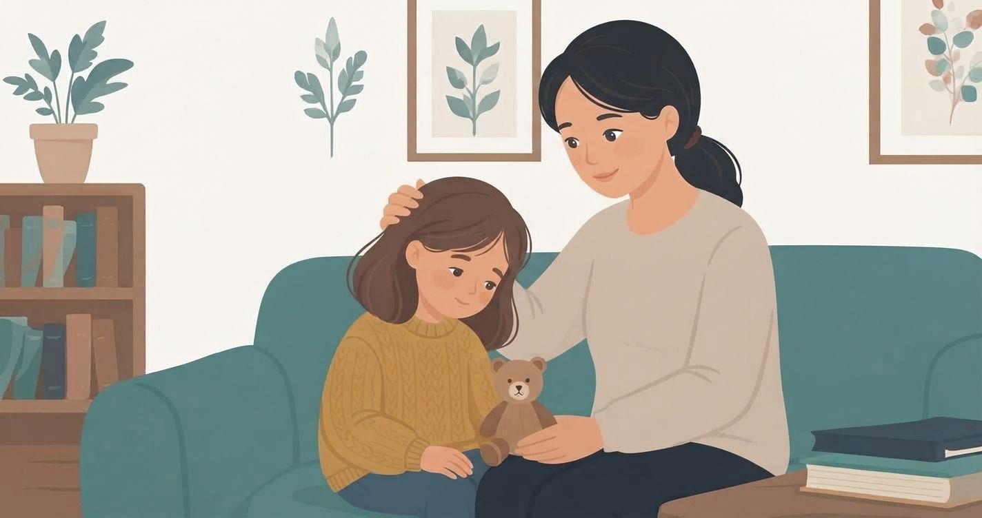 A digital illustration in a calm, flat vector art style shows a mother and her young daughter sitting closely on a teal-colored sofa in a living room. The mother, with dark hair tied back and wearing a cream-colored sweater, has her arm around her daughter and is gently stroking her head, looking at her with a warm, comforting expression. The daughter, with medium-length brown hair and wearing a mustard-yellow knit sweater, is looking down with a thoughtful, slightly sad look on her face, holding a small brown teddy bear in her lap. The background is a muted wall with a bookshelf on the left containing various books and a potted plant, and two framed botanical prints above the sofa. On the right side, there's a stack of two books on a wooden side table. The overall lighting is soft and even, creating a peaceful, supportive atmosphere. The color palette is composed of warm earth tones, muted greens, and teal.