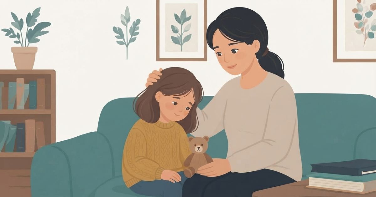 A digital illustration in a calm, flat vector art style shows a mother and her young daughter sitting closely on a teal-colored sofa in a living room. The mother, with dark hair tied back and wearing a cream-colored sweater, has her arm around her daughter and is gently stroking her head, looking at her with a warm, comforting expression. The daughter, with medium-length brown hair and wearing a mustard-yellow knit sweater, is looking down with a thoughtful, slightly sad look on her face, holding a small brown teddy bear in her lap. The background is a muted wall with a bookshelf on the left containing various books and a potted plant, and two framed botanical prints above the sofa. On the right side, there's a stack of two books on a wooden side table. The overall lighting is soft and even, creating a peaceful, supportive atmosphere. The color palette is composed of warm earth tones, muted greens, and teal.