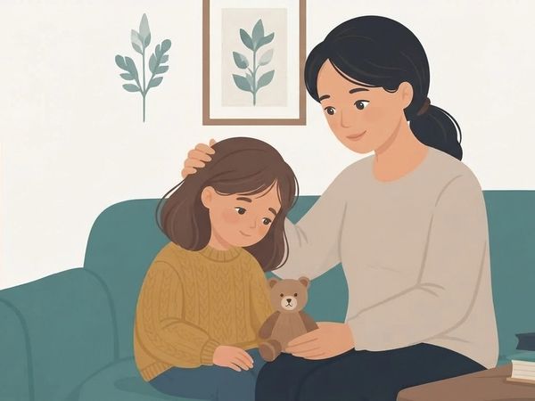 A digital illustration in a calm, flat vector art style shows a mother and her young daughter sitting closely on a teal-colored sofa in a living room. The mother, with dark hair tied back and wearing a cream-colored sweater, has her arm around her daughter and is gently stroking her head, looking at her with a warm, comforting expression. The daughter, with medium-length brown hair and wearing a mustard-yellow knit sweater, is looking down with a thoughtful, slightly sad look on her face, holding a small brown teddy bear in her lap. The background is a muted wall with a bookshelf on the left containing various books and a potted plant, and two framed botanical prints above the sofa. On the right side, there's a stack of two books on a wooden side table. The overall lighting is soft and even, creating a peaceful, supportive atmosphere. The color palette is composed of warm earth tones, muted greens, and teal.