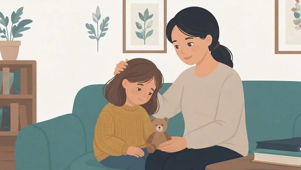 A digital illustration in a calm, flat vector art style shows a mother and her young daughter sitting closely on a teal-colored sofa in a living room. The mother, with dark hair tied back and wearing a cream-colored sweater, has her arm around her daughter and is gently stroking her head, looking at her with a warm, comforting expression. The daughter, with medium-length brown hair and wearing a mustard-yellow knit sweater, is looking down with a thoughtful, slightly sad look on her face, holding a small brown teddy bear in her lap. The background is a muted wall with a bookshelf on the left containing various books and a potted plant, and two framed botanical prints above the sofa. On the right side, there's a stack of two books on a wooden side table. The overall lighting is soft and even, creating a peaceful, supportive atmosphere. The color palette is composed of warm earth tones, muted greens, and teal.