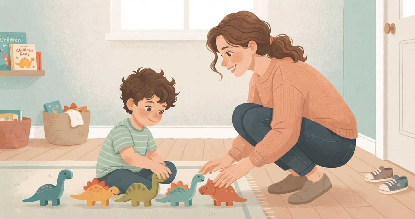 An illustrative digital drawing, executed in the soft, textured vector art style and warm, muted color palette (peach, teal, brown) of image_5.png, depicting a mother connecting with her absorbed child before an instruction. A Caucasian mother, with wavy brown hair and a peach knit sweater, is crouched down on a light wooden floor, making gentle eye contact with her four-year-old son. The son, who has tousled brown curly hair like the boy in image_5.png and wears a light green striped t-shirt, is seated cross-legged on a rug, deeply engrossed in lining up a set of stylized, colorful wooden dinosaur toys. The mother is smiling warmly and her hands are resting gently near his on the rug, inviting his attention before a transition. The background is a simplified, cozy living room corner with a few children's books on a shelf and a toy basket, maintaining the uncluttered feel of image_5.png. A pair of small children's shoes is visible by a doorway in the distance, hinting at the upcoming routine. No text is present.