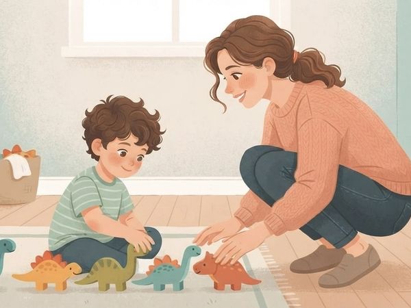An illustrative digital drawing, executed in the soft, textured vector art style and warm, muted color palette (peach, teal, brown) of image_5.png, depicting a mother connecting with her absorbed child before an instruction. A Caucasian mother, with wavy brown hair and a peach knit sweater, is crouched down on a light wooden floor, making gentle eye contact with her four-year-old son. The son, who has tousled brown curly hair like the boy in image_5.png and wears a light green striped t-shirt, is seated cross-legged on a rug, deeply engrossed in lining up a set of stylized, colorful wooden dinosaur toys. The mother is smiling warmly and her hands are resting gently near his on the rug, inviting his attention before a transition. The background is a simplified, cozy living room corner with a few children's books on a shelf and a toy basket, maintaining the uncluttered feel of image_5.png. A pair of small children's shoes is visible by a doorway in the distance, hinting at the upcoming routine. No text is present.