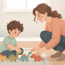 An illustrative digital drawing, executed in the soft, textured vector art style and warm, muted color palette (peach, teal, brown) of image_5.png, depicting a mother connecting with her absorbed child before an instruction. A Caucasian mother, with wavy brown hair and a peach knit sweater, is crouched down on a light wooden floor, making gentle eye contact with her four-year-old son. The son, who has tousled brown curly hair like the boy in image_5.png and wears a light green striped t-shirt, is seated cross-legged on a rug, deeply engrossed in lining up a set of stylized, colorful wooden dinosaur toys. The mother is smiling warmly and her hands are resting gently near his on the rug, inviting his attention before a transition. The background is a simplified, cozy living room corner with a few children's books on a shelf and a toy basket, maintaining the uncluttered feel of image_5.png. A pair of small children's shoes is visible by a doorway in the distance, hinting at the upcoming routine. No text is present.