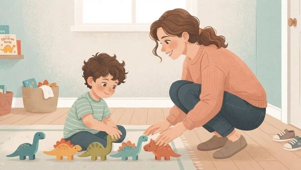 An illustrative digital drawing, executed in the soft, textured vector art style and warm, muted color palette (peach, teal, brown) of image_5.png, depicting a mother connecting with her absorbed child before an instruction. A Caucasian mother, with wavy brown hair and a peach knit sweater, is crouched down on a light wooden floor, making gentle eye contact with her four-year-old son. The son, who has tousled brown curly hair like the boy in image_5.png and wears a light green striped t-shirt, is seated cross-legged on a rug, deeply engrossed in lining up a set of stylized, colorful wooden dinosaur toys. The mother is smiling warmly and her hands are resting gently near his on the rug, inviting his attention before a transition. The background is a simplified, cozy living room corner with a few children's books on a shelf and a toy basket, maintaining the uncluttered feel of image_5.png. A pair of small children's shoes is visible by a doorway in the distance, hinting at the upcoming routine. No text is present.