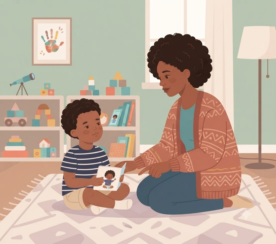 A flat vector illustration shows a Black mother and young son kneeling together on a light-patterned rug in a children's playroom with sage green walls. The mother, with short voluminous black curly hair, wears an orange-red patterned cardigan over a blue-green top and blue pants, and points gently at an open picture book. The son, with short curly hair, wears a blue-and-white striped t-shirt and beige shorts, holding the small book which features illustrations of a child. In the background, white shelving is filled with colorful toys, blocks, and books, a framed handprint artwork hangs on the wall, and a floor lamp stands beside a window with white curtains.