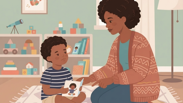 A flat vector illustration shows a Black mother and young son kneeling together on a light-patterned rug in a children's playroom with sage green walls. The mother, with short voluminous black curly hair, wears an orange-red patterned cardigan over a blue-green top and blue pants, and points gently at an open picture book. The son, with short curly hair, wears a blue-and-white striped t-shirt and beige shorts, holding the small book which features illustrations of a child. In the background, white shelving is filled with colorful toys, blocks, and books, a framed handprint artwork hangs on the wall, and a floor lamp stands beside a window with white curtains.