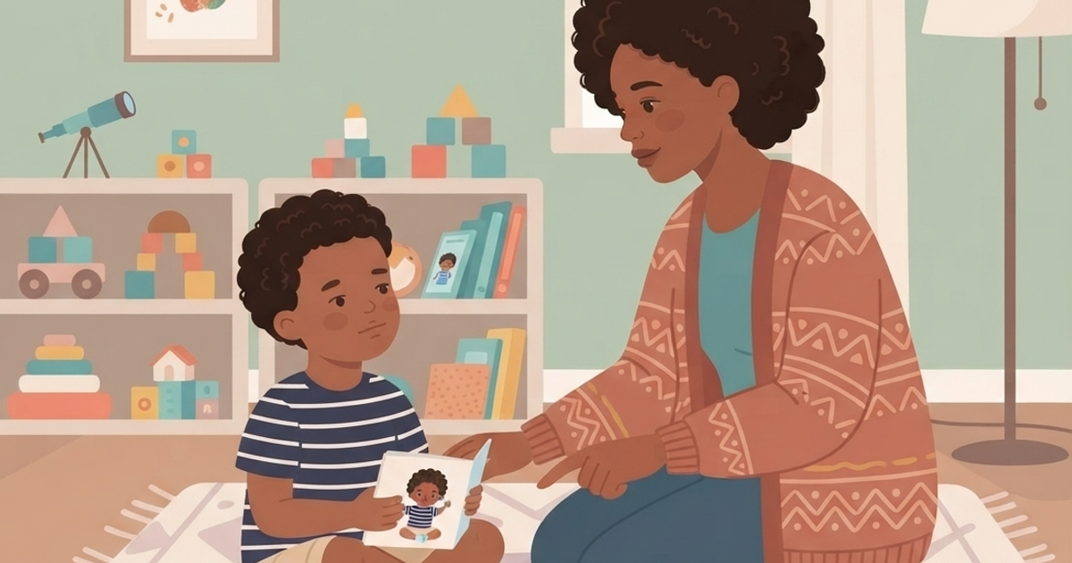A flat vector illustration shows a Black mother and young son kneeling together on a light-patterned rug in a children's playroom with sage green walls. The mother, with short voluminous black curly hair, wears an orange-red patterned cardigan over a blue-green top and blue pants, and points gently at an open picture book. The son, with short curly hair, wears a blue-and-white striped t-shirt and beige shorts, holding the small book which features illustrations of a child. In the background, white shelving is filled with colorful toys, blocks, and books, a framed handprint artwork hangs on the wall, and a floor lamp stands beside a window with white curtains.