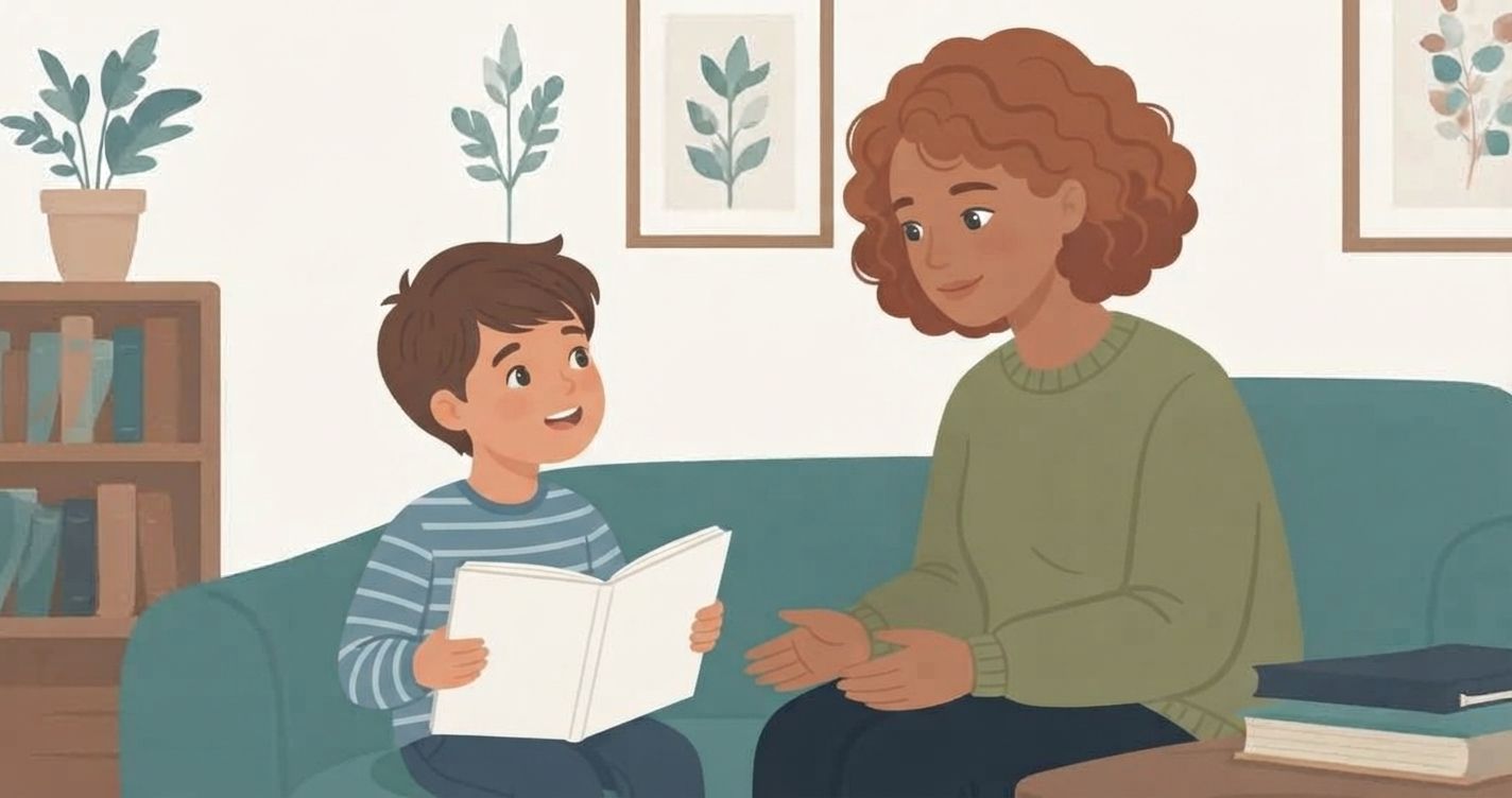 A woman with curly hair wearing a green sweater sits on a teal couch, listening attentively and gesturing with her hands while a young boy in a striped shirt reads to her from a white book. The background features a bookshelf and framed botanical art.