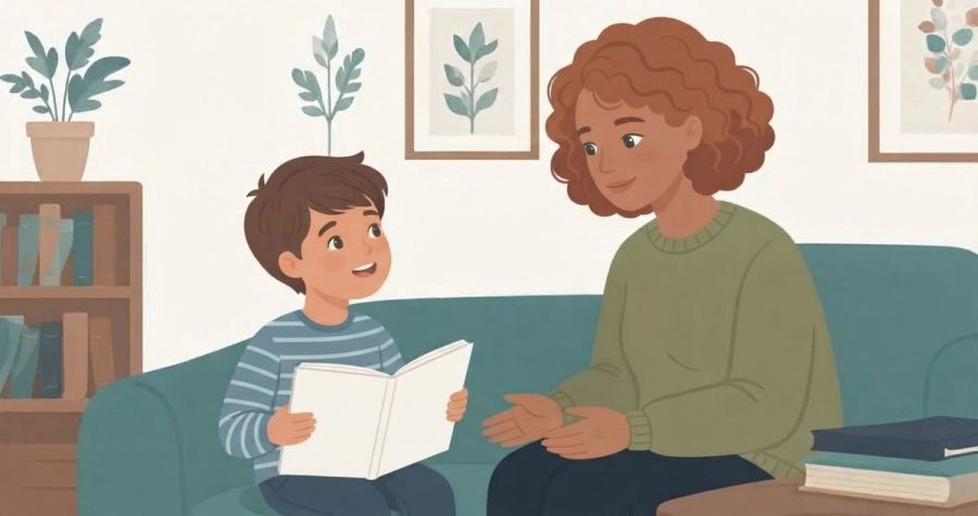 A woman with curly hair wearing a green sweater sits on a teal couch, listening attentively and gesturing with her hands while a young boy in a striped shirt reads to her from a white book. The background features a bookshelf and framed botanical art.