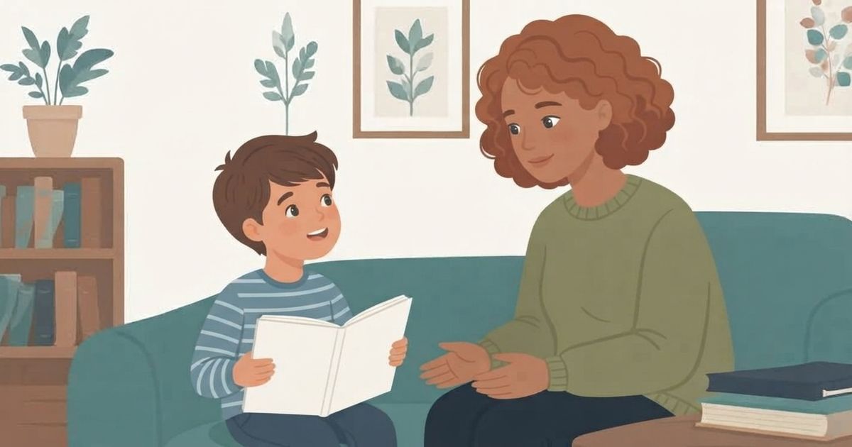 A woman with curly hair wearing a green sweater sits on a teal couch, listening attentively and gesturing with her hands while a young boy in a striped shirt reads to her from a white book. The background features a bookshelf and framed botanical art.