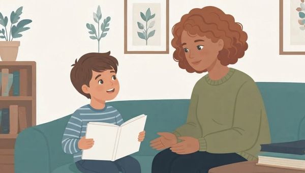A woman with curly hair wearing a green sweater sits on a teal couch, listening attentively and gesturing with her hands while a young boy in a striped shirt reads to her from a white book. The background features a bookshelf and framed botanical art.