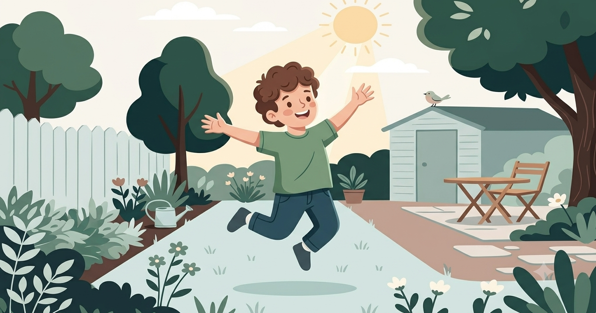 A cheerful child with curly hair jumps joyfully in a sunny backyard, arms outstretched, surrounded by trees, flowers, and a white fence. A small garden shed, patio table and chairs, a bird perched on the shed roof, and a watering can among the plants create a peaceful outdoor scene under a bright sun.