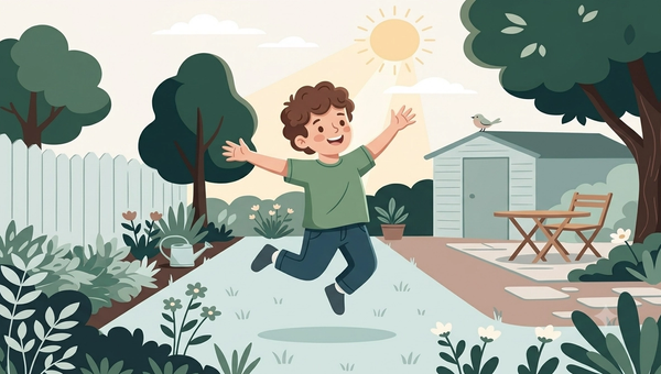 A cheerful child with curly hair jumps joyfully in a sunny backyard, arms outstretched, surrounded by trees, flowers, and a white fence. A small garden shed, patio table and chairs, a bird perched on the shed roof, and a watering can among the plants create a peaceful outdoor scene under a bright sun.