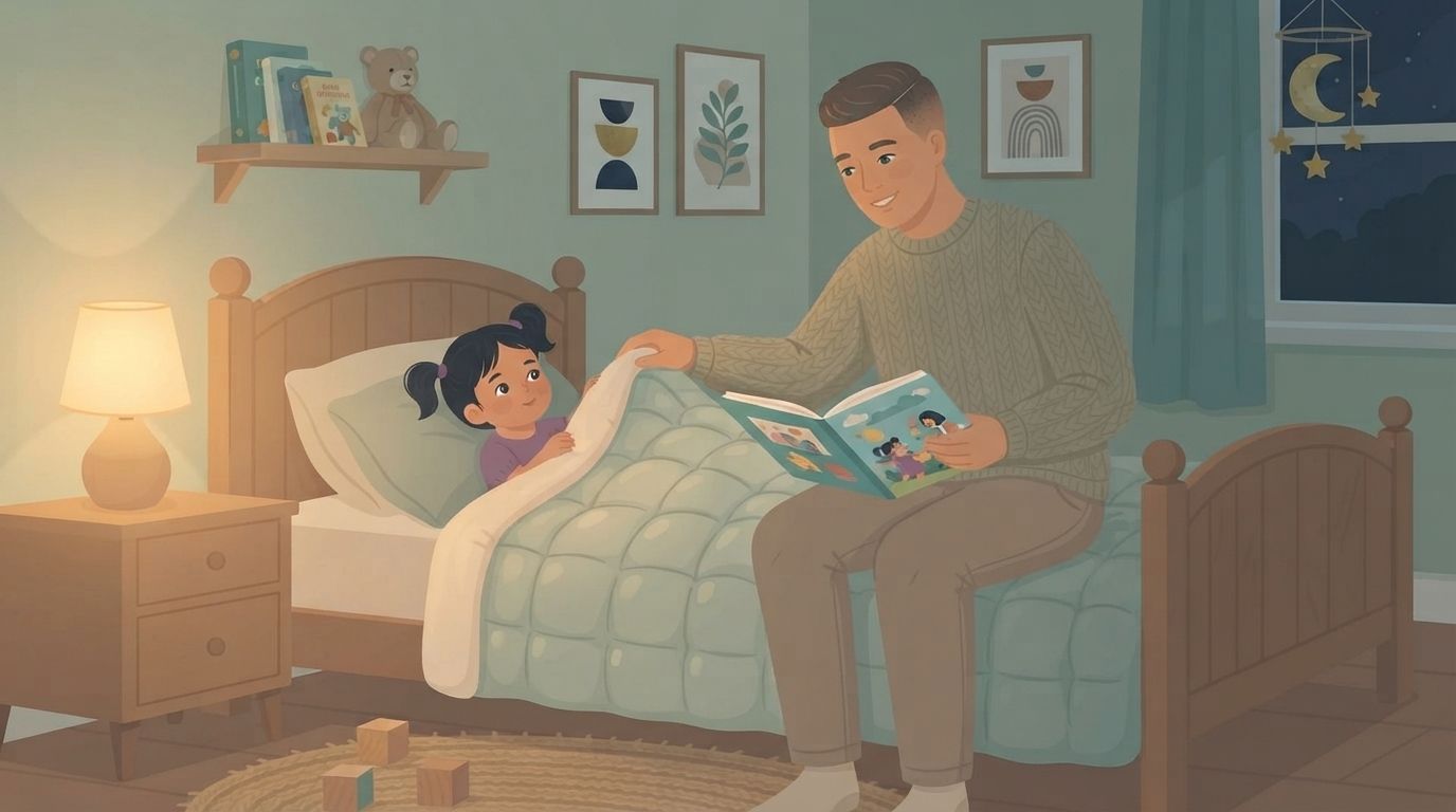 An illustrated scene in a child's bedroom at night. A man, wearing a sage green knitted sweater and beige pants, sits on the edge of a twin bed, smiling and holding an open picture book. He is tucking a young girl, who has dark pigtails and is wearing a purple top, under a textured, quilted blanket. The girl is also smiling up at the man. The room is dimly lit by a warm-glowing lamp on a wooden bedside table. On the wall behind them is a shelf with children's books and a teddy bear, and two framed abstract geometric prints. A window with a dark night sky and a moon and stars mobile is visible to the right. On the wooden floor is a round jute rug and a few wooden blocks. The overall style is cozy and warm.