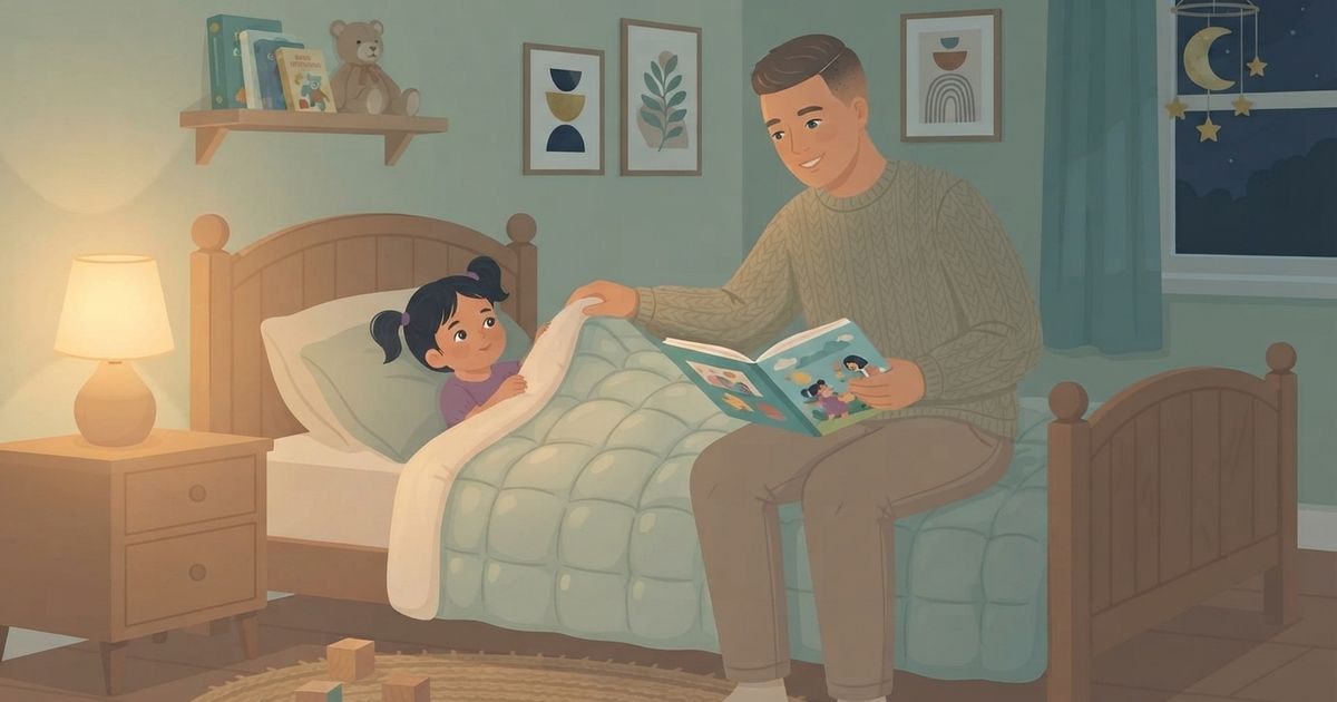 An illustrated scene in a child's bedroom at night. A man, wearing a sage green knitted sweater and beige pants, sits on the edge of a twin bed, smiling and holding an open picture book. He is tucking a young girl, who has dark pigtails and is wearing a purple top, under a textured, quilted blanket. The girl is also smiling up at the man. The room is dimly lit by a warm-glowing lamp on a wooden bedside table. On the wall behind them is a shelf with children's books and a teddy bear, and two framed abstract geometric prints. A window with a dark night sky and a moon and stars mobile is visible to the right. On the wooden floor is a round jute rug and a few wooden blocks. The overall style is cozy and warm.