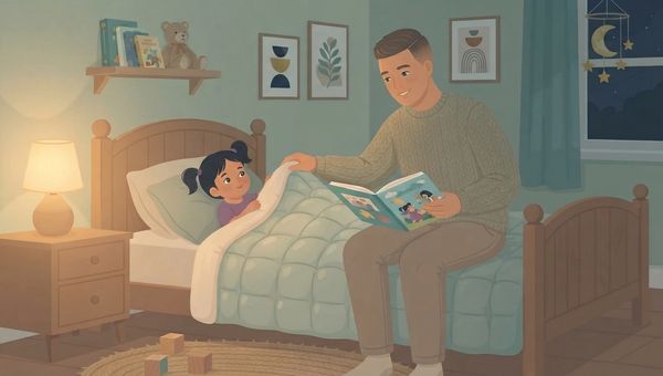 An illustrated scene in a child's bedroom at night. A man, wearing a sage green knitted sweater and beige pants, sits on the edge of a twin bed, smiling and holding an open picture book. He is tucking a young girl, who has dark pigtails and is wearing a purple top, under a textured, quilted blanket. The girl is also smiling up at the man. The room is dimly lit by a warm-glowing lamp on a wooden bedside table. On the wall behind them is a shelf with children's books and a teddy bear, and two framed abstract geometric prints. A window with a dark night sky and a moon and stars mobile is visible to the right. On the wooden floor is a round jute rug and a few wooden blocks. The overall style is cozy and warm.