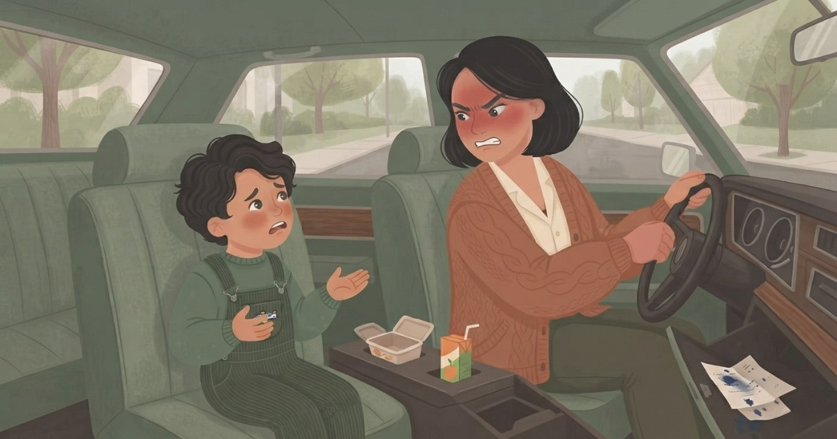 An illustration in a soft, textured storybook style depicts a tense domestic moment inside the cabin of a vintage car. A woman, with short black hair and a flushed, angry expression, is in the driver's seat, gripping the steering wheel and glaring back at a young boy in the rear passenger seat. The boy, with curly brown hair and wearing green overalls, looks back at her with a distressed, pleading expression, his hands raised in a gesture of explanation or defense. Between them on the center console sits an open cardboard snack box and a juice box. The glove compartment is slightly ajar, with a few scattered papers and a small red star icon visible on the dashboard below it. Through the car windows, a blurry, tree-lined suburban street is visible. The overall color palette is composed of muted greens, warm browns, and soft creams. The illustration has a warm, hand-drawn texture.