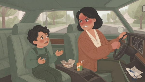 An illustration in a soft, textured storybook style depicts a tense domestic moment inside the cabin of a vintage car. A woman, with short black hair and a flushed, angry expression, is in the driver's seat, gripping the steering wheel and glaring back at a young boy in the rear passenger seat. The boy, with curly brown hair and wearing green overalls, looks back at her with a distressed, pleading expression, his hands raised in a gesture of explanation or defense. Between them on the center console sits an open cardboard snack box and a juice box. The glove compartment is slightly ajar, with a few scattered papers and a small red star icon visible on the dashboard below it. Through the car windows, a blurry, tree-lined suburban street is visible. The overall color palette is composed of muted greens, warm browns, and soft creams. The illustration has a warm, hand-drawn texture.