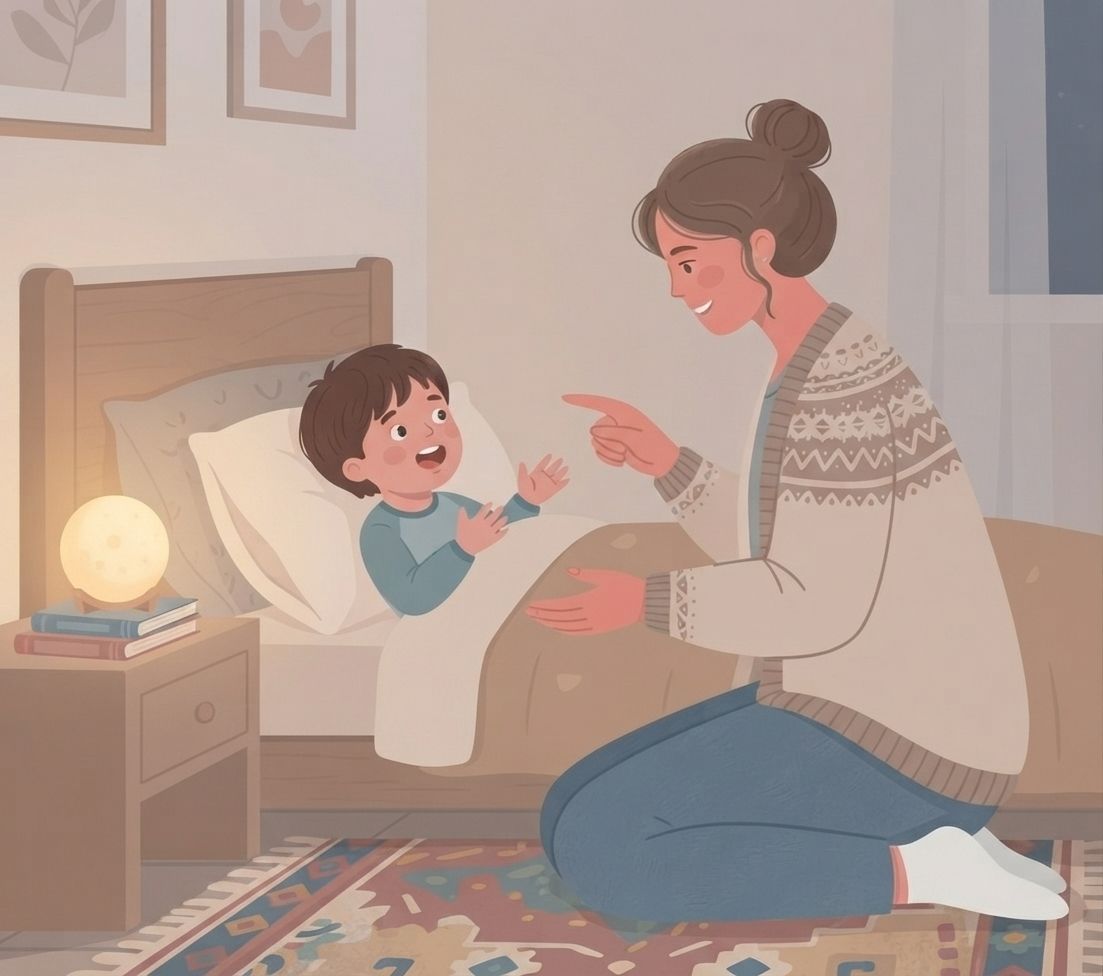 An illustration in a warm, muted color palette depicting a mother and her young son in a cozy bedroom at bedtime. The son, a boy with short brown hair, is lying comfortably propped up by pillows in a simple wooden bed, looking towards the mother with an animated, happy expression and his hands raised slightly. The mother, with her brown hair tied in a bun and wearing a distinctive patterned knit cardigan and jeans, is kneeling on the patterned rug beside the bed, leaning forward. She has a gentle, listening smile and is pointing a comforting finger towards the son, with her other hand resting near the bed. On a bedside table to the left, there is a stack of books and a warm-glowing, moon-shaped nightlight. The background shows framed art on the wall and a window. The style is flat vector art with clean lines and a soft, textured feel.