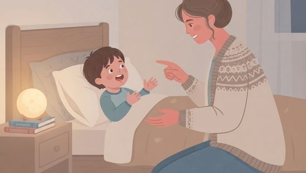 An illustration in a warm, muted color palette depicting a mother and her young son in a cozy bedroom at bedtime. The son, a boy with short brown hair, is lying comfortably propped up by pillows in a simple wooden bed, looking towards the mother with an animated, happy expression and his hands raised slightly. The mother, with her brown hair tied in a bun and wearing a distinctive patterned knit cardigan and jeans, is kneeling on the patterned rug beside the bed, leaning forward. She has a gentle, listening smile and is pointing a comforting finger towards the son, with her other hand resting near the bed. On a bedside table to the left, there is a stack of books and a warm-glowing, moon-shaped nightlight. The background shows framed art on the wall and a window. The style is flat vector art with clean lines and a soft, textured feel.