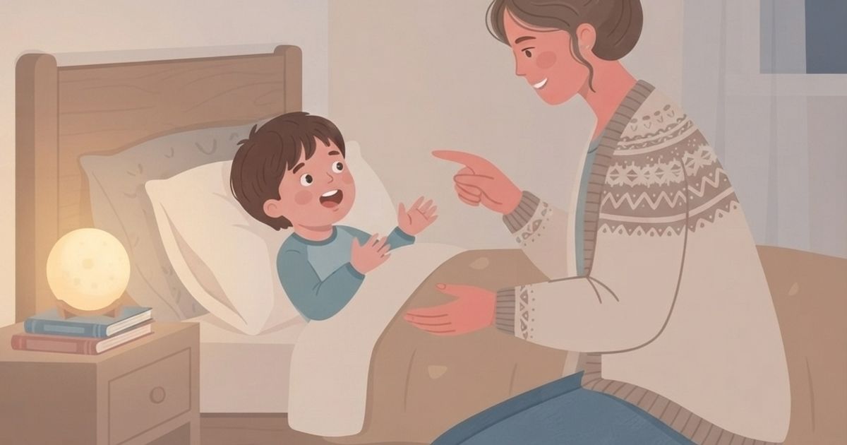 An illustration in a warm, muted color palette depicting a mother and her young son in a cozy bedroom at bedtime. The son, a boy with short brown hair, is lying comfortably propped up by pillows in a simple wooden bed, looking towards the mother with an animated, happy expression and his hands raised slightly. The mother, with her brown hair tied in a bun and wearing a distinctive patterned knit cardigan and jeans, is kneeling on the patterned rug beside the bed, leaning forward. She has a gentle, listening smile and is pointing a comforting finger towards the son, with her other hand resting near the bed. On a bedside table to the left, there is a stack of books and a warm-glowing, moon-shaped nightlight. The background shows framed art on the wall and a window. The style is flat vector art with clean lines and a soft, textured feel.