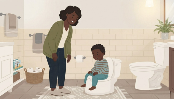 An illustrated scene in a bathroom shows a smiling Black mother watching her young son sitting barefoot on a white potty training toilet. Both are on a patterned rug. The bathroom has beige subway tiles, two vanities, a full-size toilet, towel racks, and a basket of toilet paper rolls. The style is gentle and illustrated.