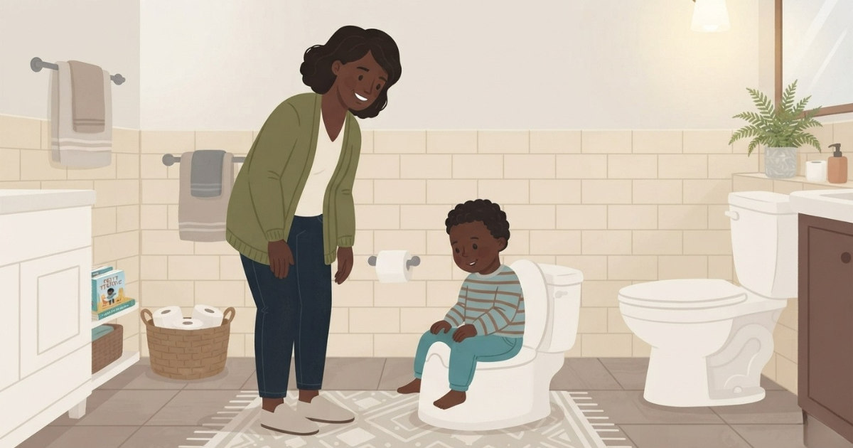 An illustrated scene in a bathroom shows a smiling Black mother watching her young son sitting barefoot on a white potty training toilet. Both are on a patterned rug. The bathroom has beige subway tiles, two vanities, a full-size toilet, towel racks, and a basket of toilet paper rolls. The style is gentle and illustrated.
