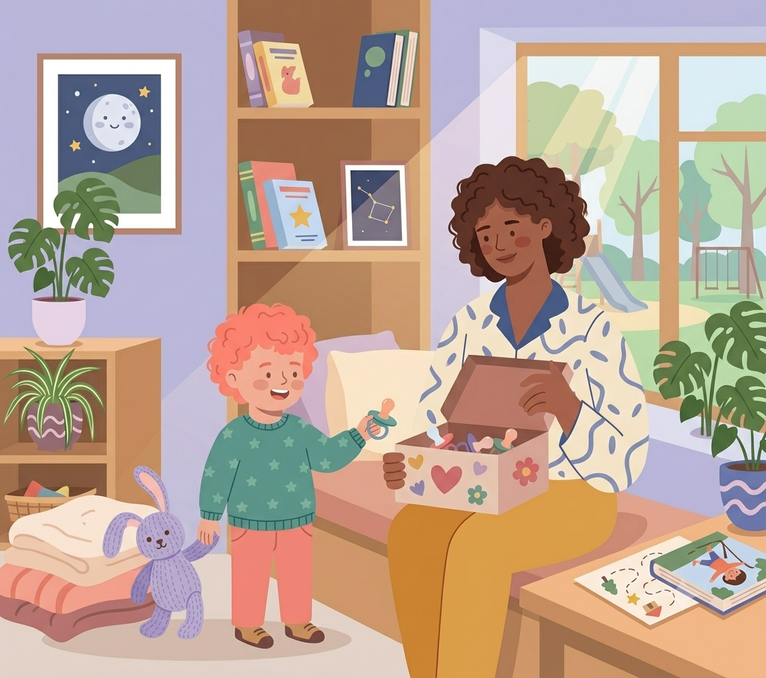 Child saying goodbye to their pacifier by placing it in a keepsake box with a parent's support, illustrating a gentle and positive pacifier weaning journey.