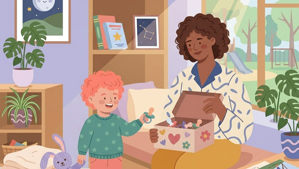 Child saying goodbye to their pacifier by placing it in a keepsake box with a parent's support, illustrating a gentle and positive pacifier weaning journey.