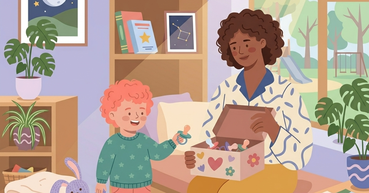 Child saying goodbye to their pacifier by placing it in a keepsake box with a parent's support, illustrating a gentle and positive pacifier weaning journey.