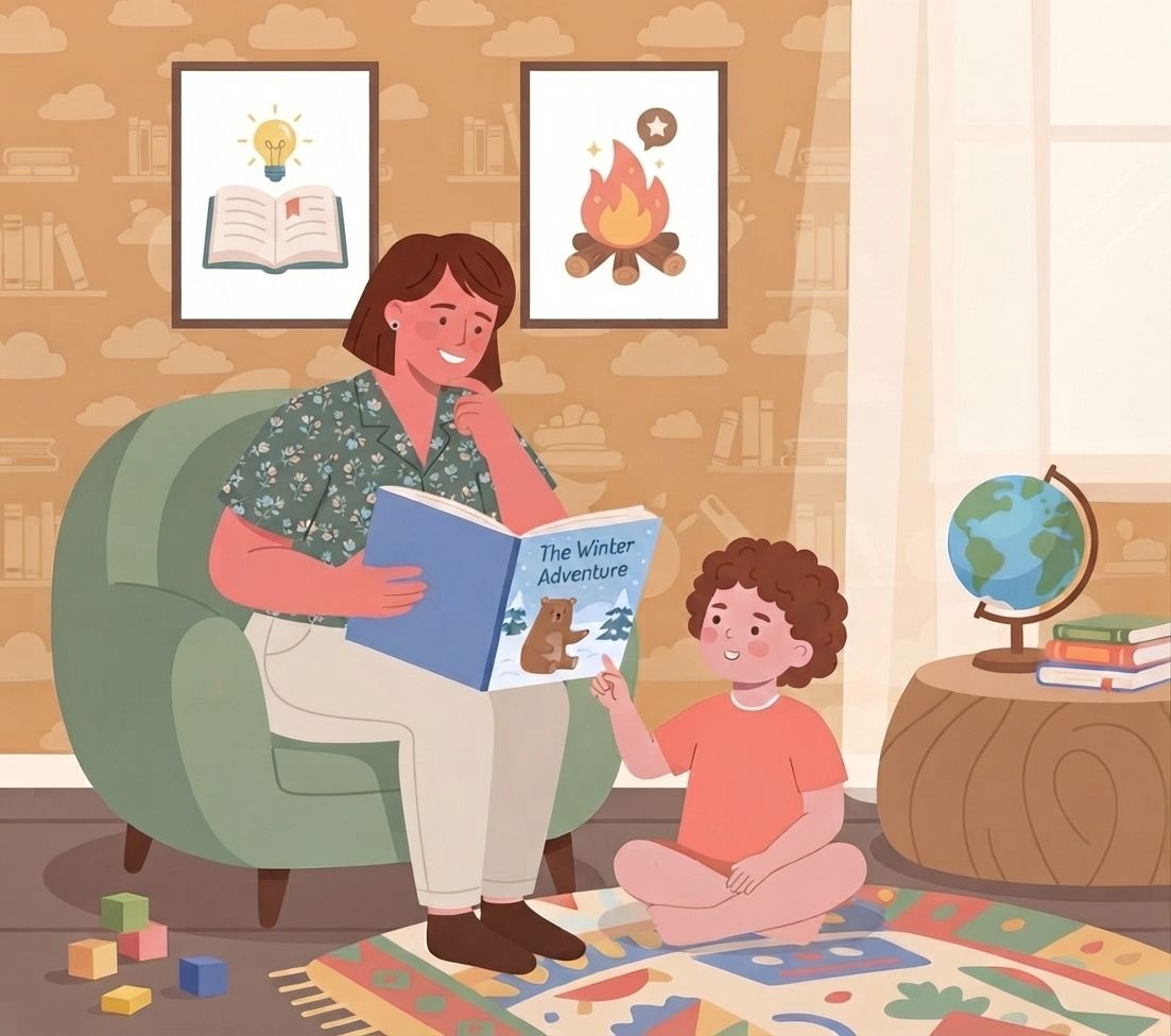 A flat vector illustration of a cozy child's room. On a colorful patterned rug, a young child with curly brown hair wearing an orange shirt sits cross-legged, pointing happily at a picture book titled "The Winter Adventure" held by a motherly figure. The woman has short brown hair and is wearing a green floral blouse and light trousers, sitting comfortably in a soft green armchair while smiling and looking down at the child. In the background, the wall has patterned wallpaper featuring books and clouds, adorned with two framed pictures—one showing an open book with a glowing lightbulb, and the other showing a campfire with a star thought bubble. To the right, a globe sits on a round wooden side table next to a stack of books, and a few small toy blocks are scattered on the floor near a window with sheer curtains. The overall style is warm, friendly, and graphic.