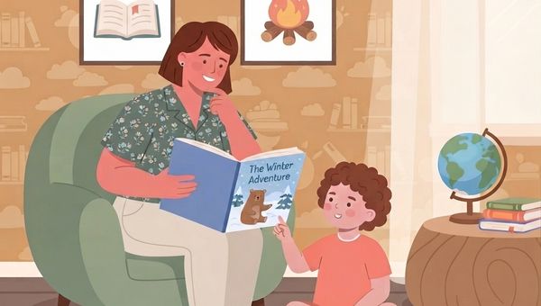 A flat vector illustration of a cozy child's room. On a colorful patterned rug, a young child with curly brown hair wearing an orange shirt sits cross-legged, pointing happily at a picture book titled "The Winter Adventure" held by a motherly figure. The woman has short brown hair and is wearing a green floral blouse and light trousers, sitting comfortably in a soft green armchair while smiling and looking down at the child. In the background, the wall has patterned wallpaper featuring books and clouds, adorned with two framed pictures—one showing an open book with a glowing lightbulb, and the other showing a campfire with a star thought bubble. To the right, a globe sits on a round wooden side table next to a stack of books, and a few small toy blocks are scattered on the floor near a window with sheer curtains. The overall style is warm, friendly, and graphic.