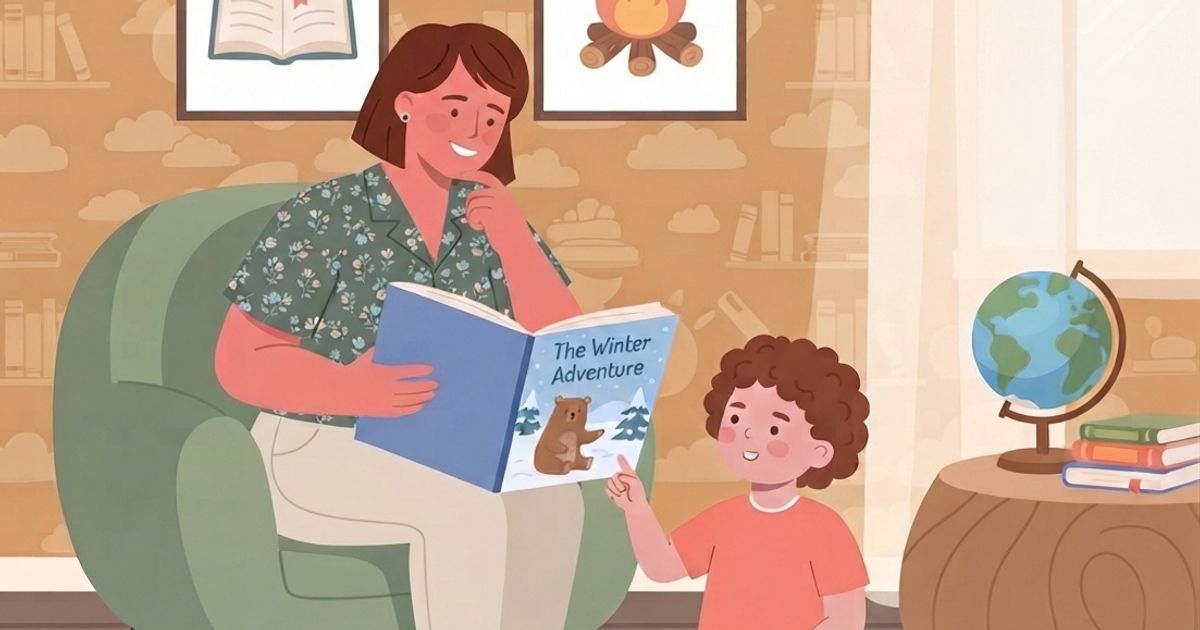 A flat vector illustration of a cozy child's room. On a colorful patterned rug, a young child with curly brown hair wearing an orange shirt sits cross-legged, pointing happily at a picture book titled "The Winter Adventure" held by a motherly figure. The woman has short brown hair and is wearing a green floral blouse and light trousers, sitting comfortably in a soft green armchair while smiling and looking down at the child. In the background, the wall has patterned wallpaper featuring books and clouds, adorned with two framed pictures—one showing an open book with a glowing lightbulb, and the other showing a campfire with a star thought bubble. To the right, a globe sits on a round wooden side table next to a stack of books, and a few small toy blocks are scattered on the floor near a window with sheer curtains. The overall style is warm, friendly, and graphic.