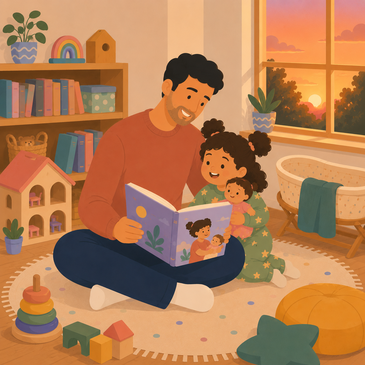 Father reading a personalized storybook with his young daughter in a cozy Scandinavian-style playroom at sunset. The girl smiles while cuddling a baby doll, imagining herself as a proud big sister. Warm golden light streams through the window, illuminating a bookshelf, dollhouse, baby bassinet, and children's toys. A teal feather appears on the spine of a book on the shelf as a subtle Quilloo signature. Flat Corporate Memphis (Alegria) illustration with soft pastel colors and no visible text.