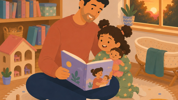 Father reading a personalized storybook with his young daughter in a cozy Scandinavian-style playroom at sunset. The girl smiles while cuddling a baby doll, imagining herself as a proud big sister. Warm golden light streams through the window, illuminating a bookshelf, dollhouse, baby bassinet, and children's toys. A teal feather appears on the spine of a book on the shelf as a subtle Quilloo signature. Flat Corporate Memphis (Alegria) illustration with soft pastel colors and no visible text.