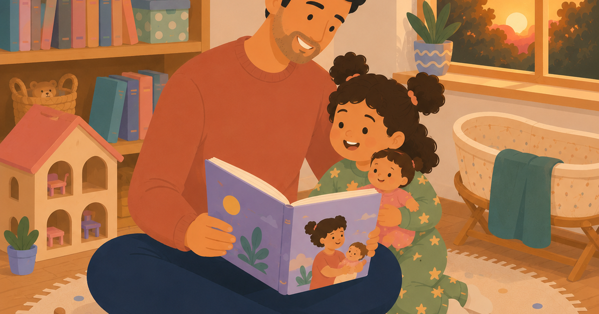 Father reading a personalized storybook with his young daughter in a cozy Scandinavian-style playroom at sunset. The girl smiles while cuddling a baby doll, imagining herself as a proud big sister. Warm golden light streams through the window, illuminating a bookshelf, dollhouse, baby bassinet, and children's toys. A teal feather appears on the spine of a book on the shelf as a subtle Quilloo signature. Flat Corporate Memphis (Alegria) illustration with soft pastel colors and no visible text.
