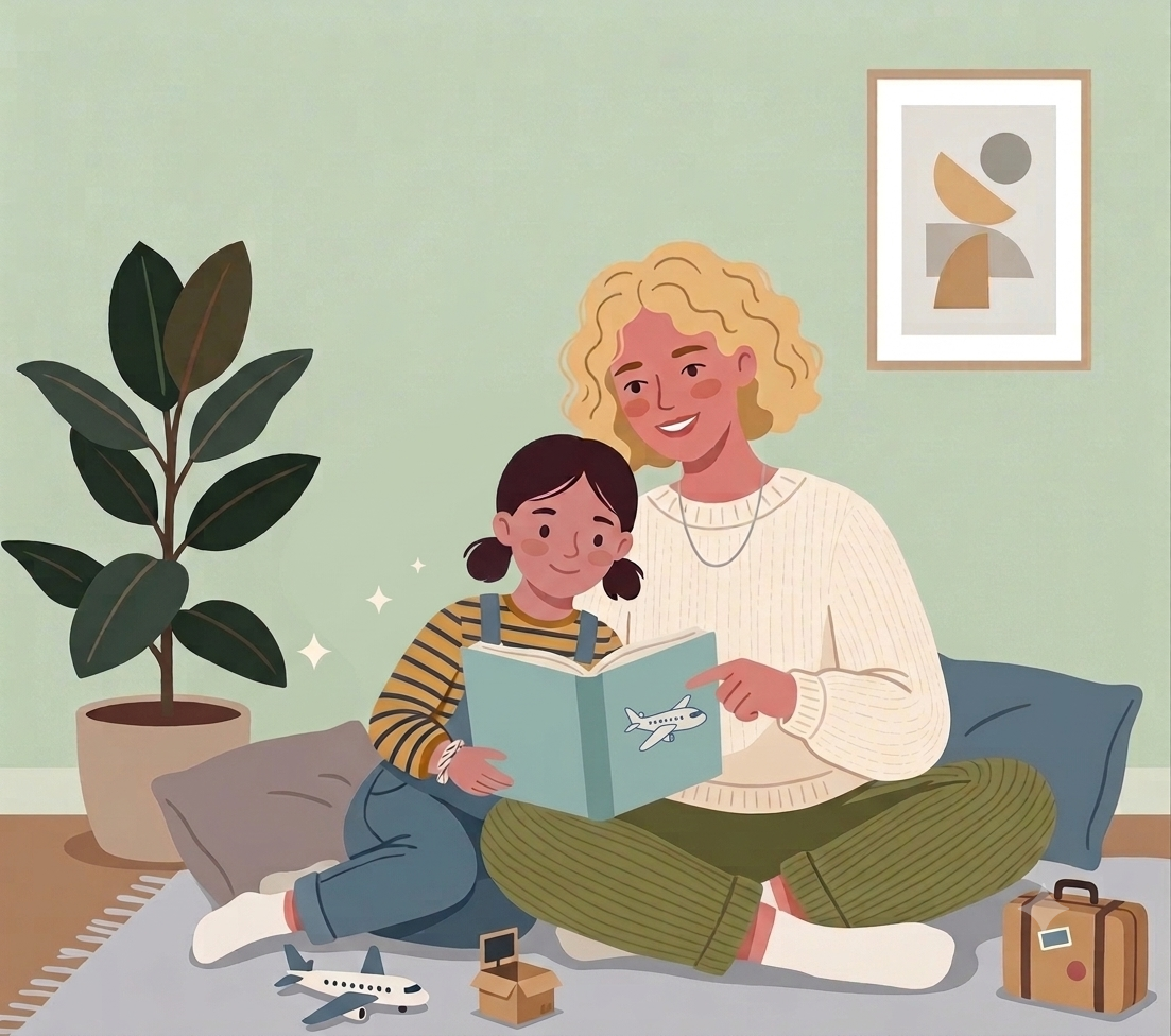 An illustration of a mother and daughter sitting on a rug in a cozy living room, reading a children's book together about airplanes to prepare for a first flight