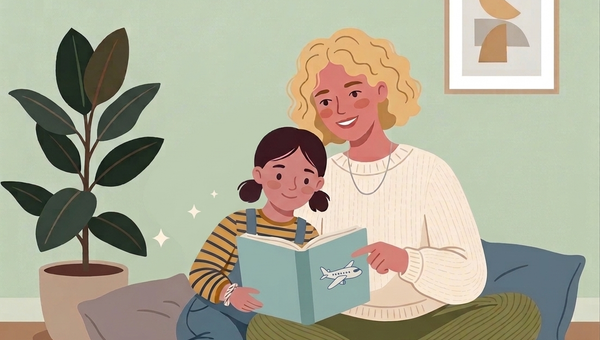 An illustration of a mother and daughter sitting on a rug in a cozy living room, reading a children's book together about airplanes to prepare for a first flight
