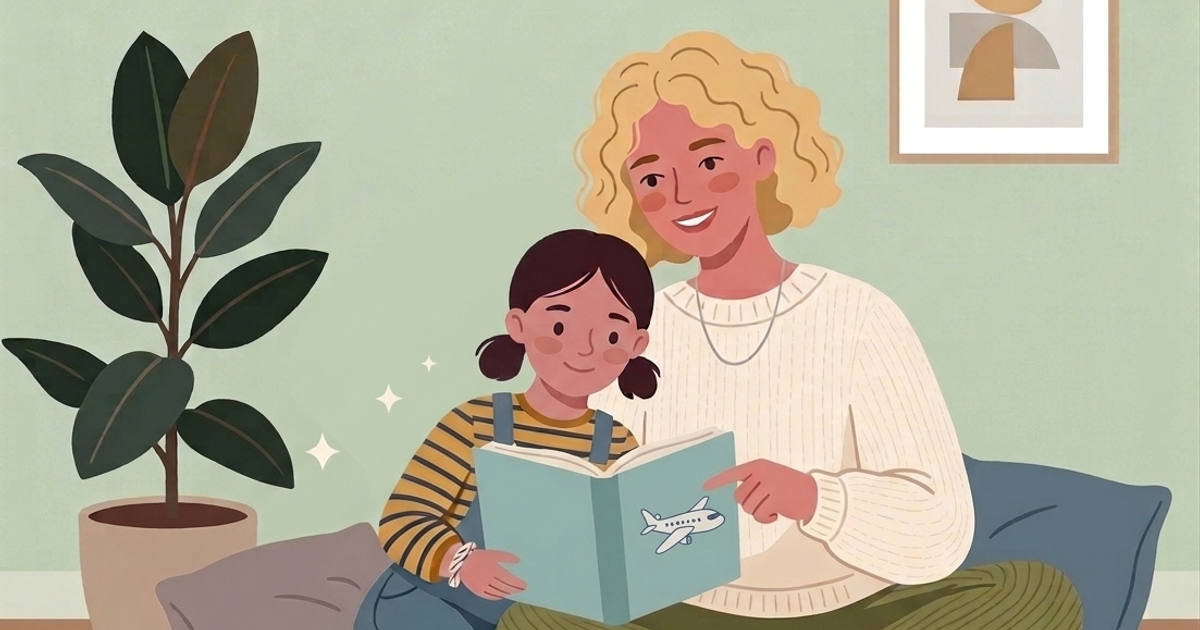 An illustration of a mother and daughter sitting on a rug in a cozy living room, reading a children's book together about airplanes to prepare for a first flight