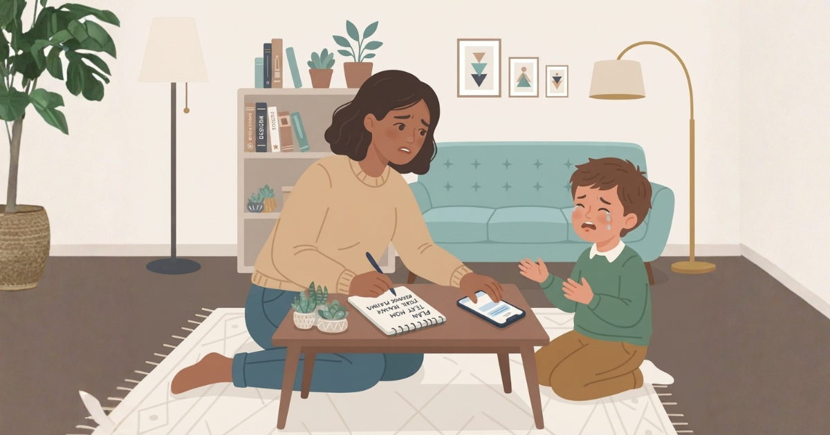 A 2D flat vector illustration in a warm corporate art style. An adult woman with dark curly hair and a concerned expression sits on a light-colored rug in a cozy living room, writing in a notebook that says "PLAN: TEXT MOM". A crying young boy with brown hair and a green sweater kneels next to her, gesturing with his hands. The room features a light blue sofa, a bookshelf filled with books and plants, a floor lamp, and wall art.