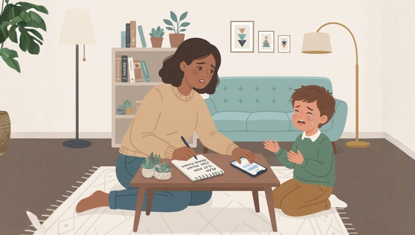 A 2D flat vector illustration in a warm corporate art style. An adult woman with dark curly hair and a concerned expression sits on a light-colored rug in a cozy living room, writing in a notebook that says "PLAN: TEXT MOM". A crying young boy with brown hair and a green sweater kneels next to her, gesturing with his hands. The room features a light blue sofa, a bookshelf filled with books and plants, a floor lamp, and wall art.