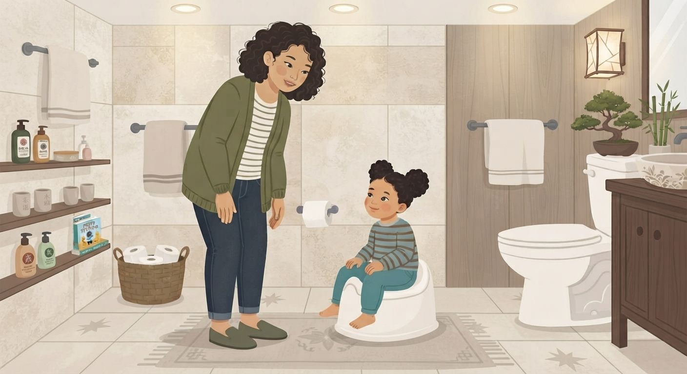 An illustrated scene in a clean, modern bathroom shows an adult woman with curly brown hair, wearing a green cardigan and jeans, standing and smiling down at a young girl with dark hair in puff buns, who is sitting on a white potty chair. The girl wears a striped shirt and teal pants and is also smiling. The bathroom features light-colored tiled walls, a wooden vanity with a sink and bonsai tree, a toilet, a wicker basket of toilet paper, and shelves stocked with toiletries. A patterned rug is on the floor, and towels are on racks. The art style is gentle and illustrative.