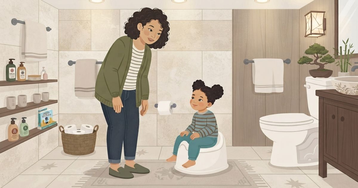 An illustrated scene in a clean, modern bathroom shows an adult woman with curly brown hair, wearing a green cardigan and jeans, standing and smiling down at a young girl with dark hair in puff buns, who is sitting on a white potty chair. The girl wears a striped shirt and teal pants and is also smiling. The bathroom features light-colored tiled walls, a wooden vanity with a sink and bonsai tree, a toilet, a wicker basket of toilet paper, and shelves stocked with toiletries. A patterned rug is on the floor, and towels are on racks. The art style is gentle and illustrative.