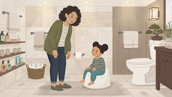 An illustrated scene in a clean, modern bathroom shows an adult woman with curly brown hair, wearing a green cardigan and jeans, standing and smiling down at a young girl with dark hair in puff buns, who is sitting on a white potty chair. The girl wears a striped shirt and teal pants and is also smiling. The bathroom features light-colored tiled walls, a wooden vanity with a sink and bonsai tree, a toilet, a wicker basket of toilet paper, and shelves stocked with toiletries. A patterned rug is on the floor, and towels are on racks. The art style is gentle and illustrative.